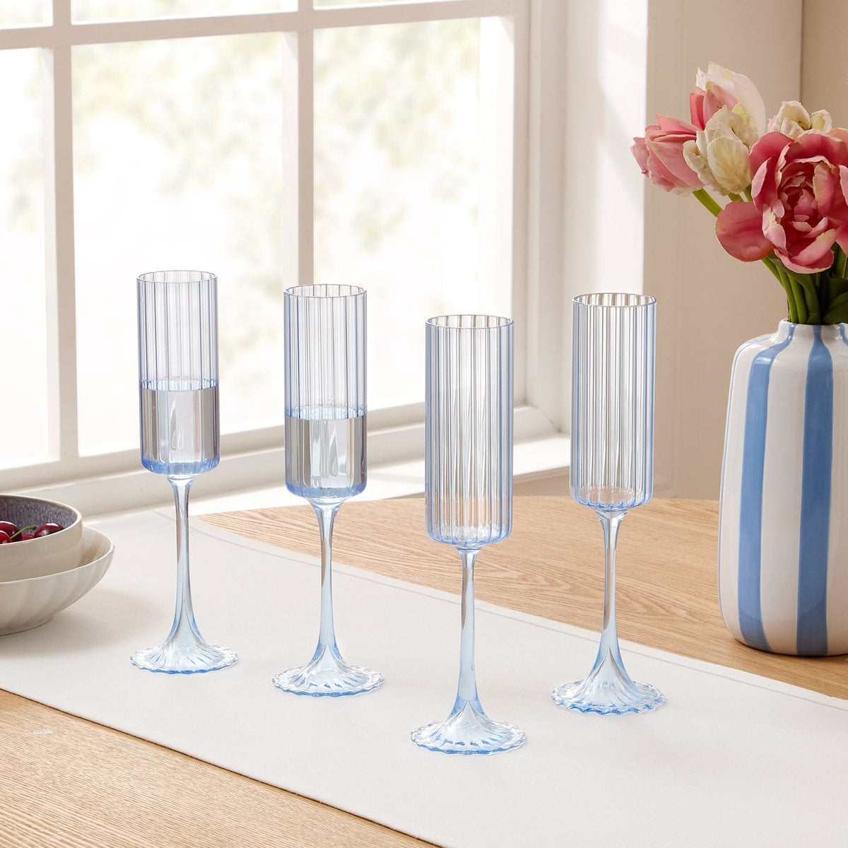 Lucinda Scalloped Edge Contrast Stem Glass Flutes - Set of 4 - Blue